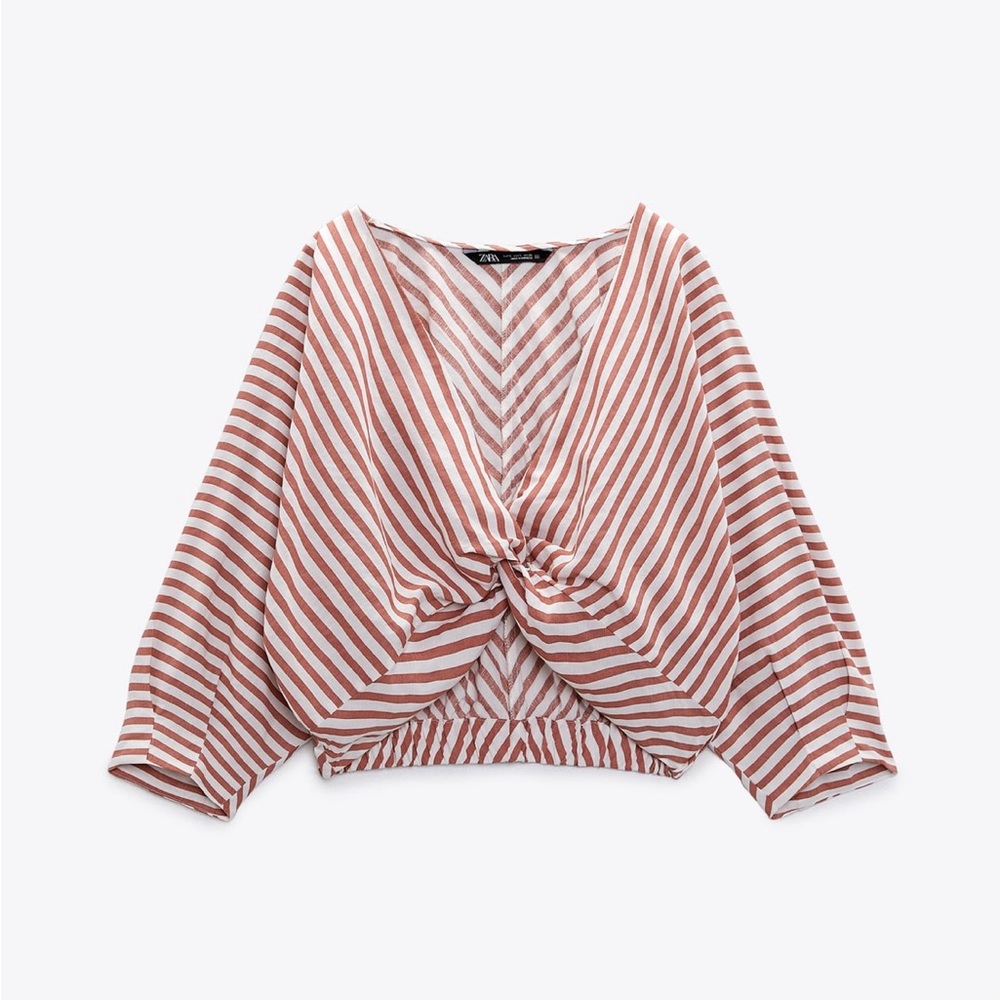 ZARA LINEN BLENDED KNOTTED STRIPED TOP NWT